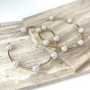 NEW~ Anthropologie Pearl Studded Large Gold Hoop Earrings